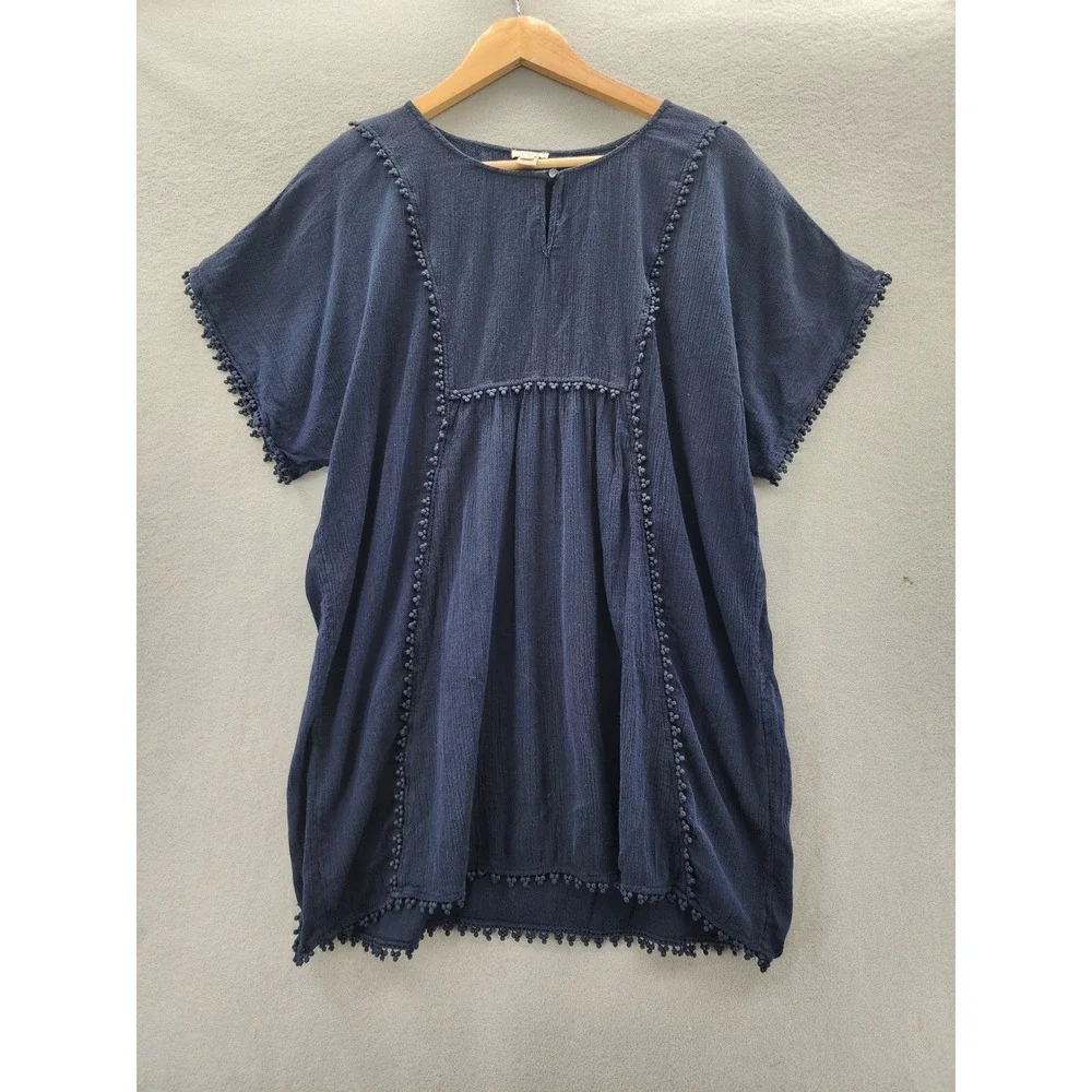 J.Crew Womens Navy Blue Gauze Cotton Pom Pom Boho Peasant Top‎ Blouse Medium